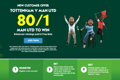 Bom Paddy Power عرض – احصل على 80/1 في Man UTD للفوز مقابل توتنهام